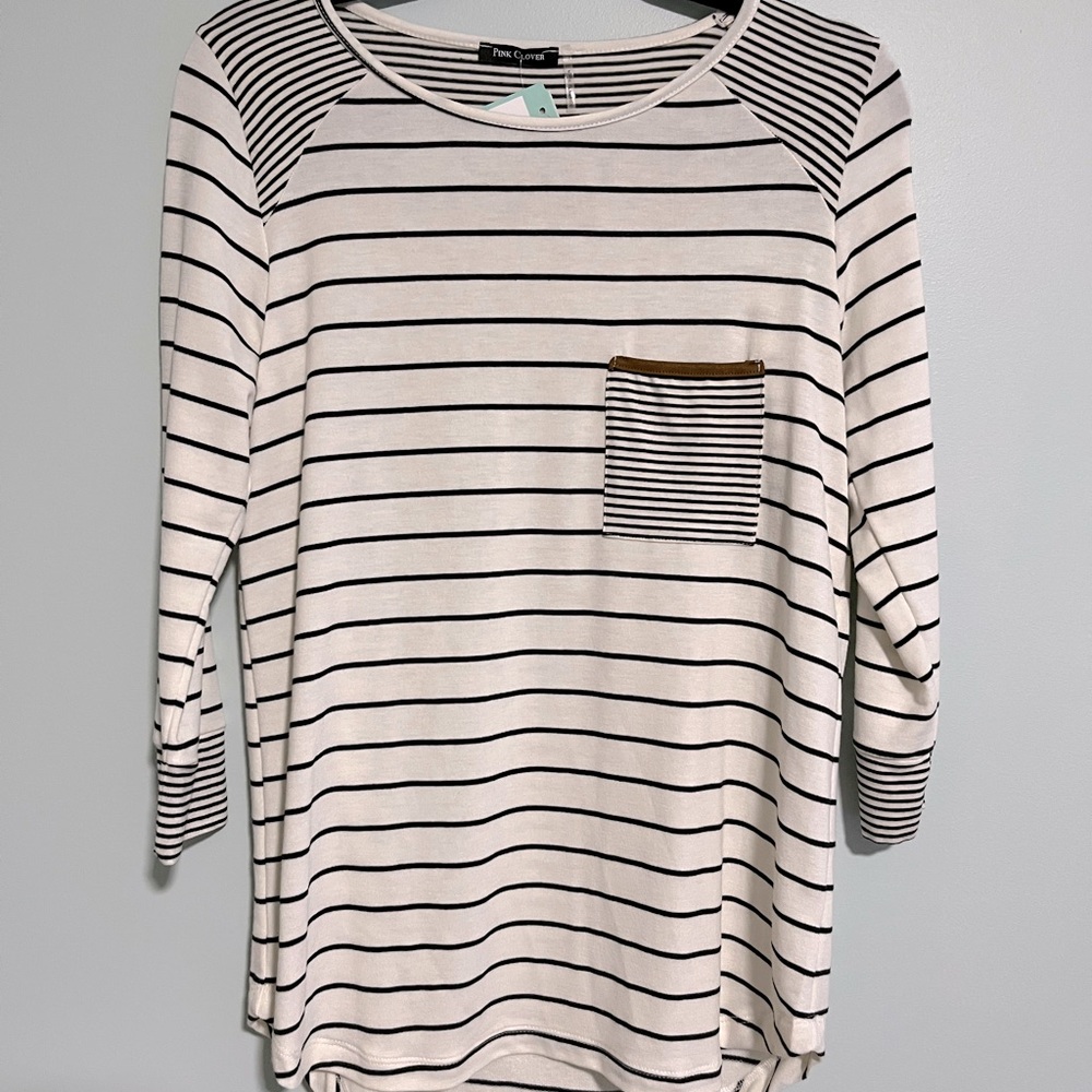 Pink Clover, Small, white and black striped 3/4 sleeve knit